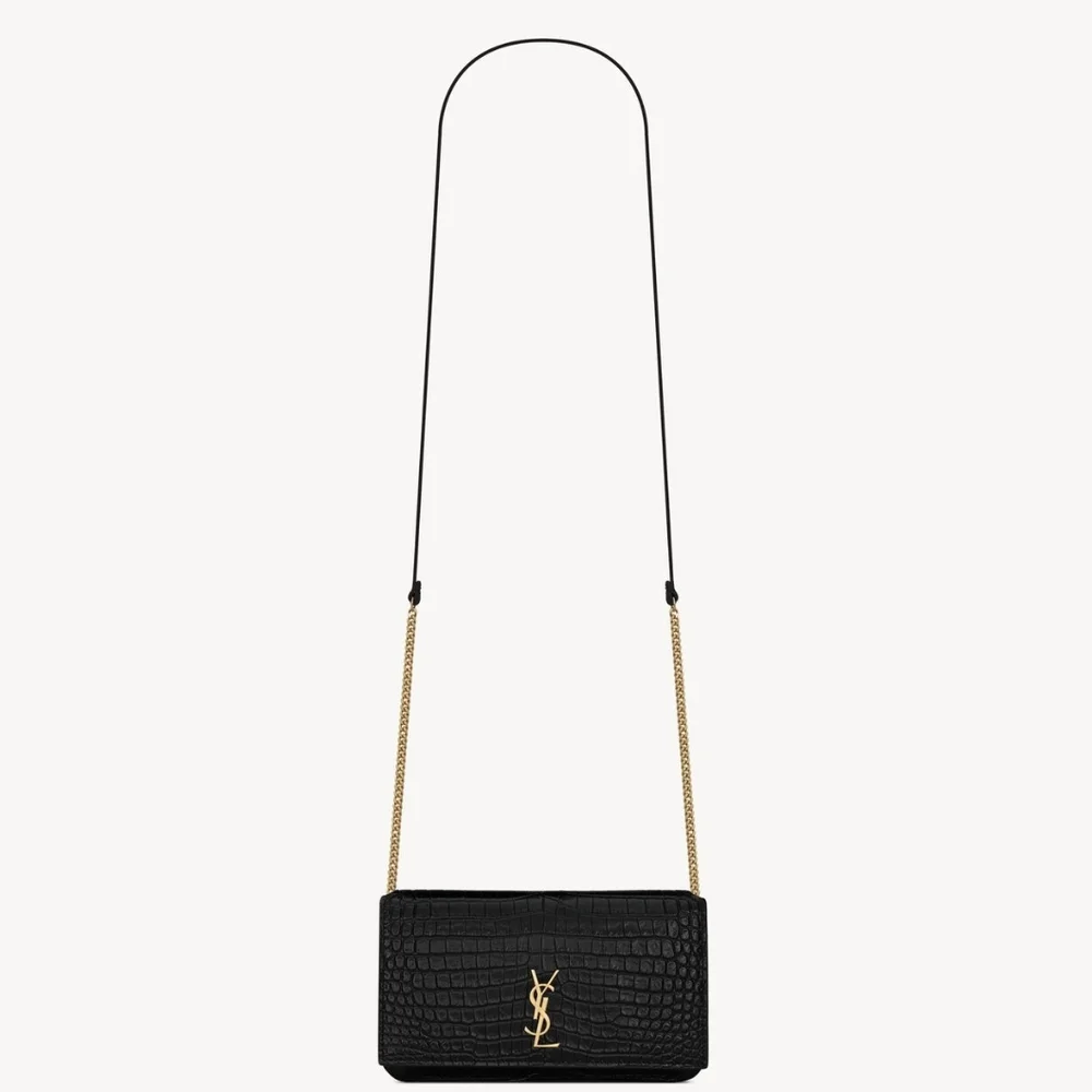 YSL SAINT LAURENT CASSANDRE PHONE HOLDER W/ STRAP IN CROCODILE-EMBOSSED LEATHER - Picture 6 of 16